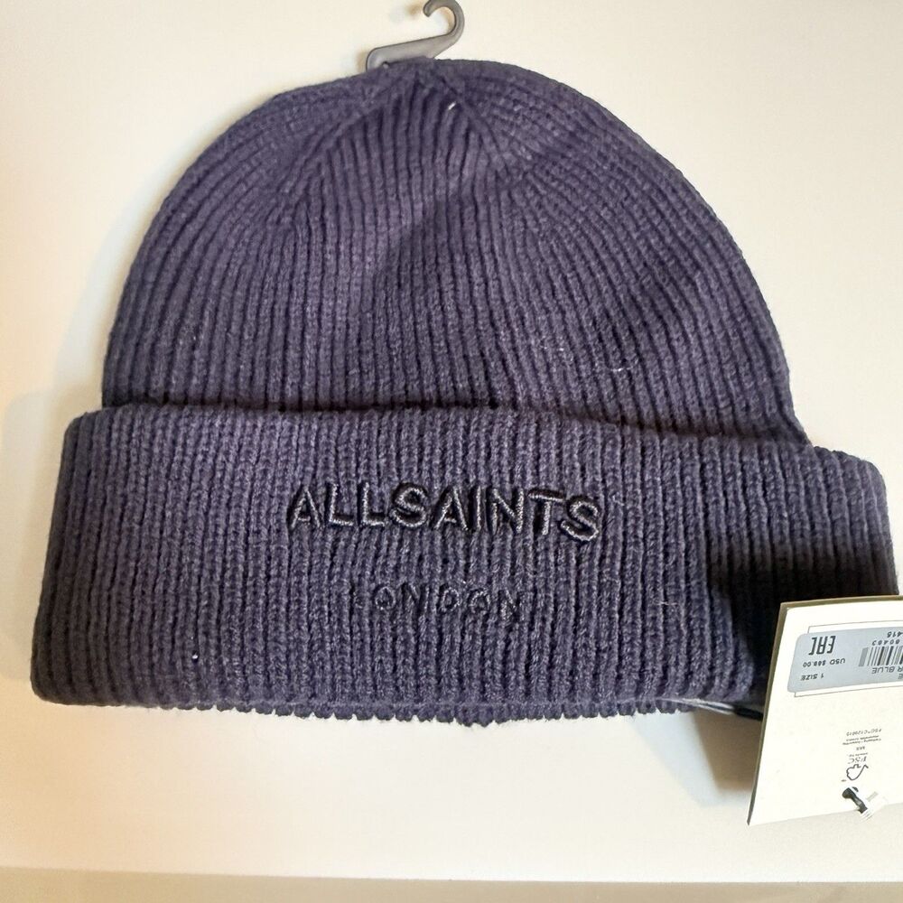 Allsaints Classic Logo Beanie Hat Deep Water Blue Wool Blend Men’s Women’s NWT